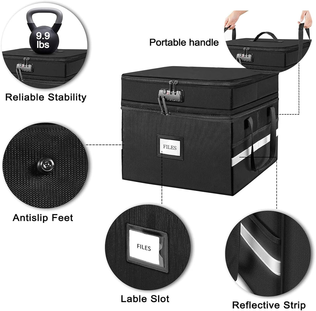Fireproof Document Box with Lock, Water-Resistant File Organizer (Black) V5008