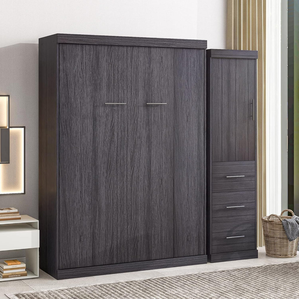 Full Size Murphy Bed Storage Cabinet with Wardrobe and Drawers I85376