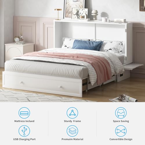 Mjkone Murphy Bed Queen Cabinet Bed with Tri-fold Mattress and USB Charging Station, White J746862