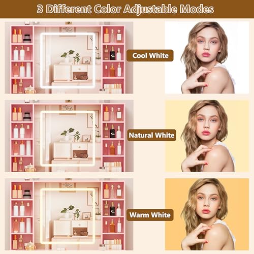 White Vanity Desk with Mirror and Lights, Glass Top, 3 Drawers V863482