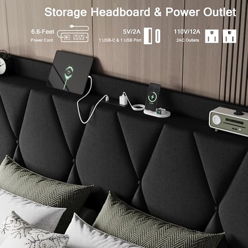 Queen Bed Frame with 4 Storage Drawers and Charging Station, Black S804993