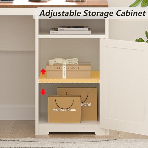 63" Farmhouse L Shaped Desk with Drawers, Power Outlets & Storage Shelf Q538