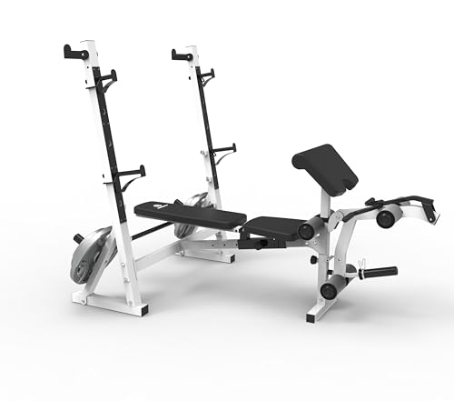 Marcy Olympic Workout Bench with Preacher Curl Pad and Weight Rack, White/Black R86365