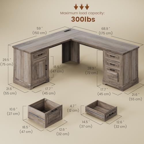 Itaar Farmhouse Executive L Shaped Desk with File Drawer and Power Outlet, White X918168