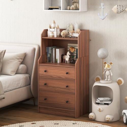 LOKO 3 Drawers Dresser with Shelves, Tall Nightstand, Anti-Toppling Device, Walnut T9199