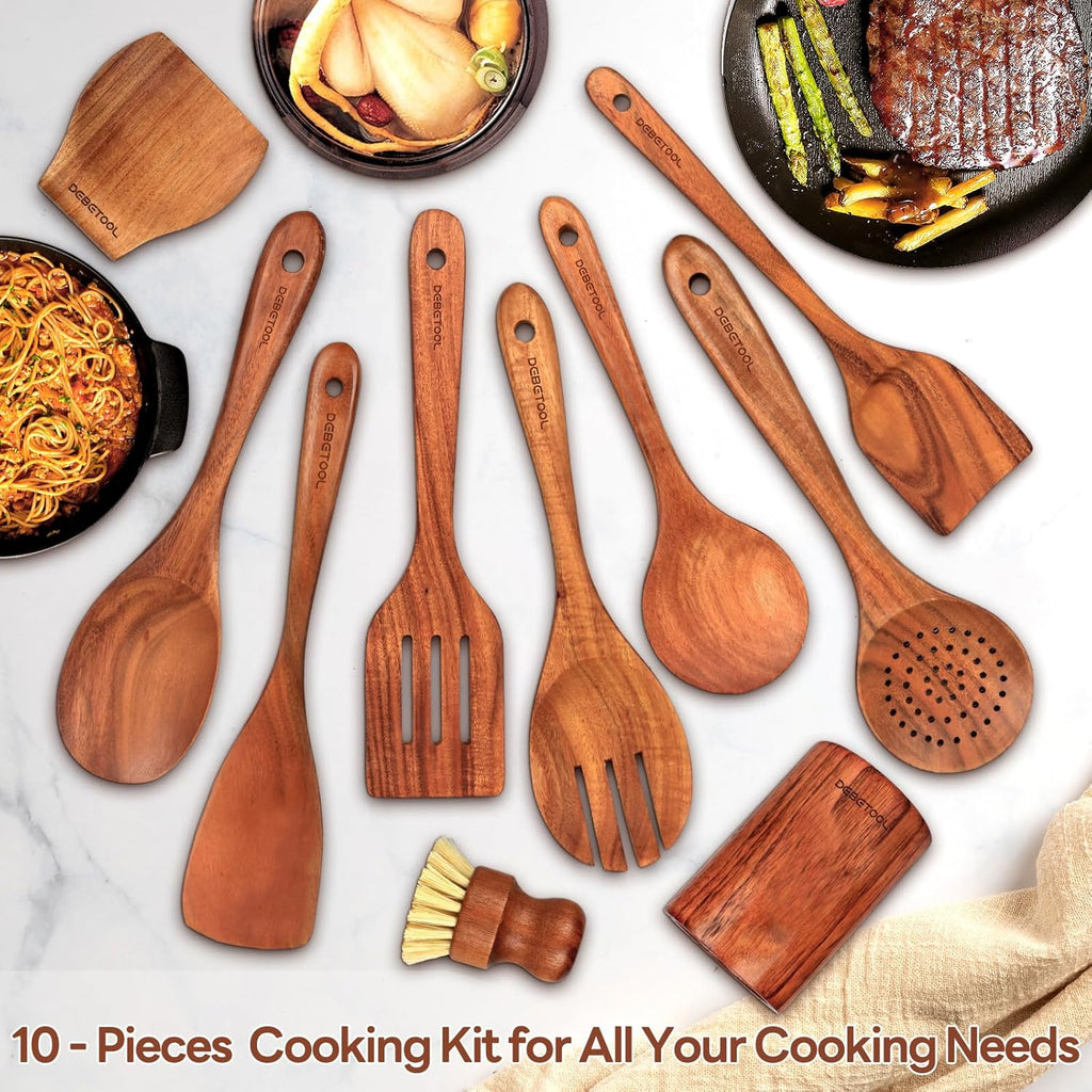 Natural Teak Wooden Spoon Set for Cooking with Utensil Holder R9060