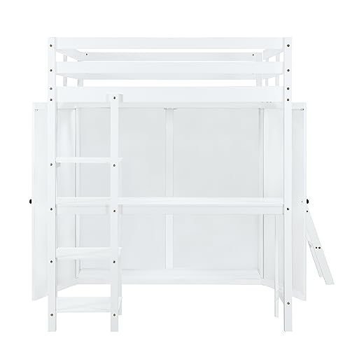 Harper & Bright Designs Full Size Loft Bed with Wardrobe and Desk, Solid Wood, White R4710