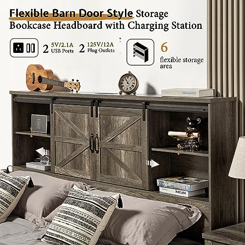 VanAcc Full Size Wooden Platform Bed with Bookcase Headboard and 2 Drawers O6158