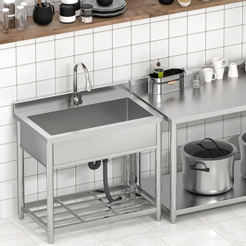 Stainless Steel Large Utility Sink Single Bowl Freestanding with Pull-Out Faucet T135