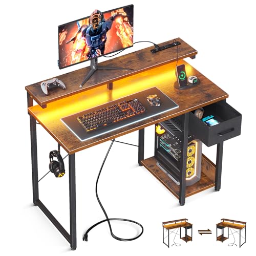 AODK Gaming Desk with LED Lights & Power Outlet, 40 Inch, Black T67329