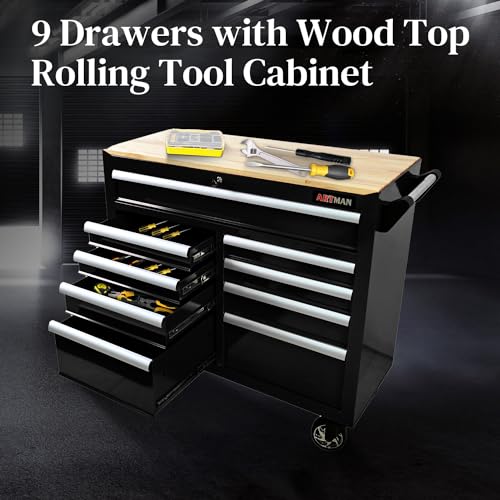 Heavy Duty 9-Drawer Rolling Tool Chest with Wood Top, Black K54490