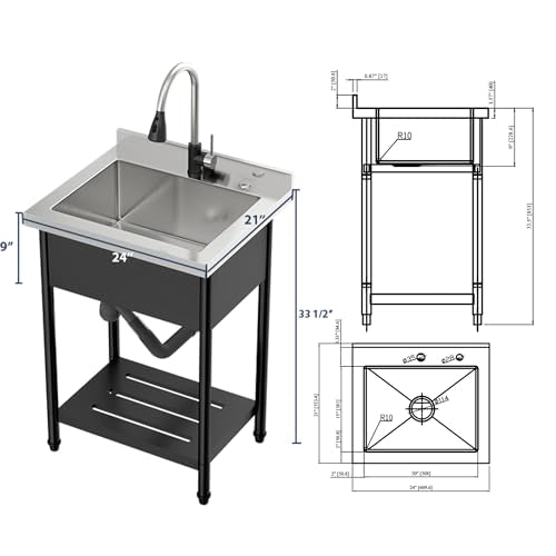 Lordear Stainless Steel Utility Sink 24 Inch Single Bowl Freestanding O589484