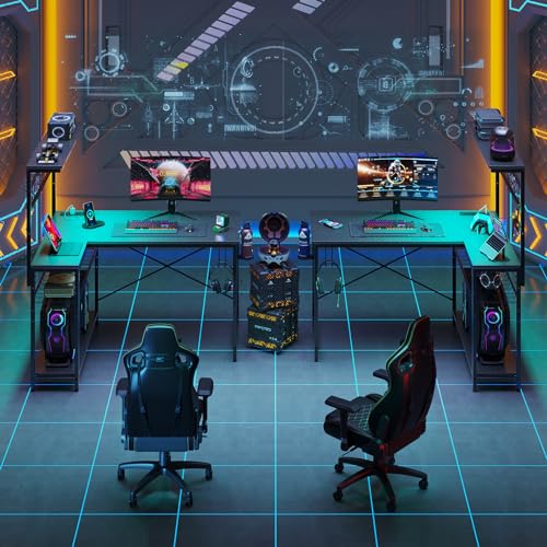 Bestier 42 L Gaming Desk with Power Outlets, LED Lights and Shelves D8630