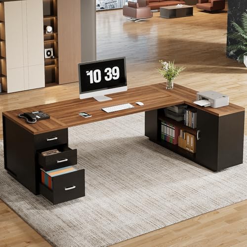 Tribesigns 85.8-Inch L-Shaped Executive Desk with File Drawers & Shelves, White & Brown I578