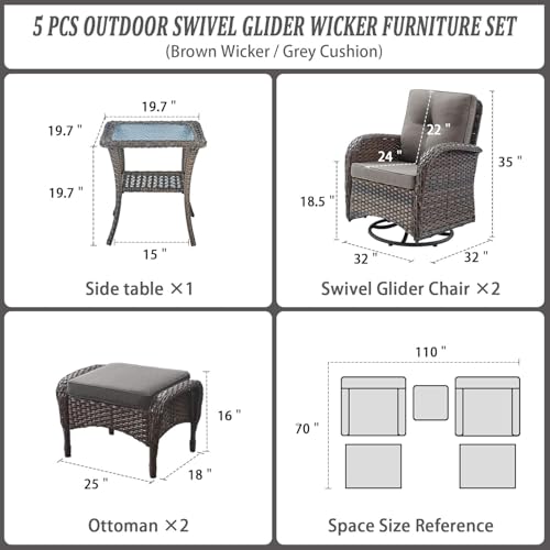 Outdoor Wicker Swivel Rocker Chairs Set of 2 with Rattan Side Table, Brown/Blue B592