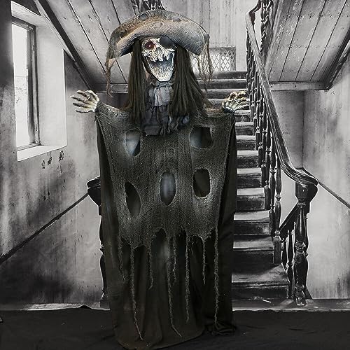 Haunted Hill Farm 5.25-ft Standing Gravekeeper Animatronic with Red LED Eyes and Sound Effects X9371