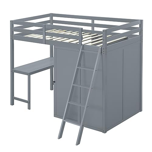 Harper & Bright Designs Full Size Loft Bed with Wardrobe and Desk, Solid Wood, White R4710