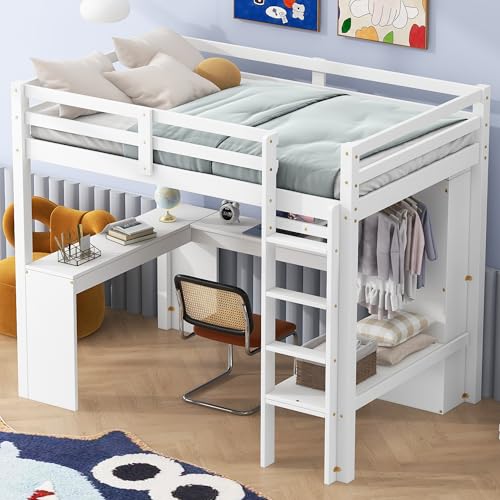 SOFTSEA Full Size Loft Bed with Desk & Wardrobe, White F150304