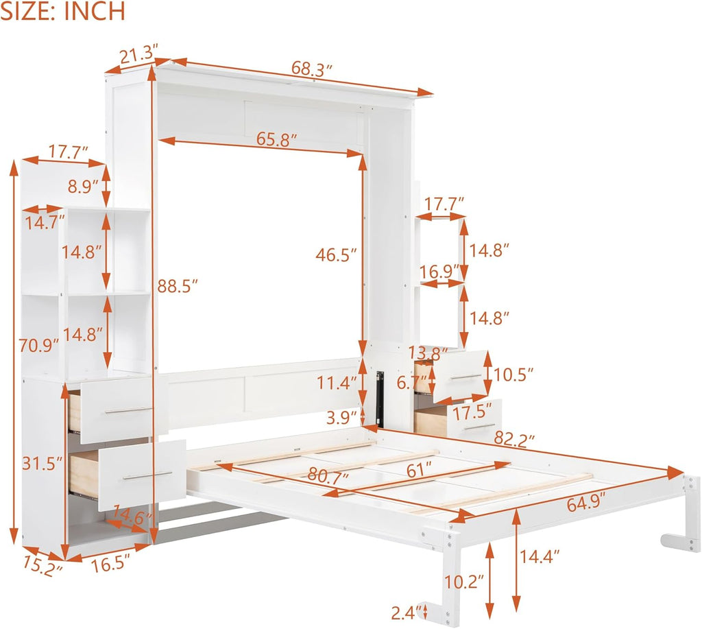 Queen Size Murphy Bed Wall Bed with Shelves and LED Lights, White N44570