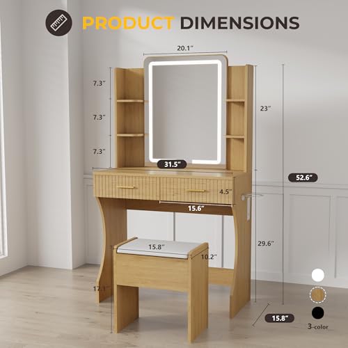 White Vanity Desk with LED Mirror and Storage Stool D5834