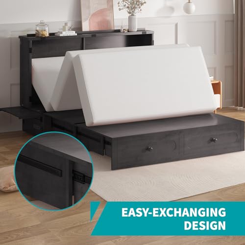 BALUS Murphy Cabinet Bed Queen with USB Charging Station, Tri-Fold Mattress, Dark Grey V81631