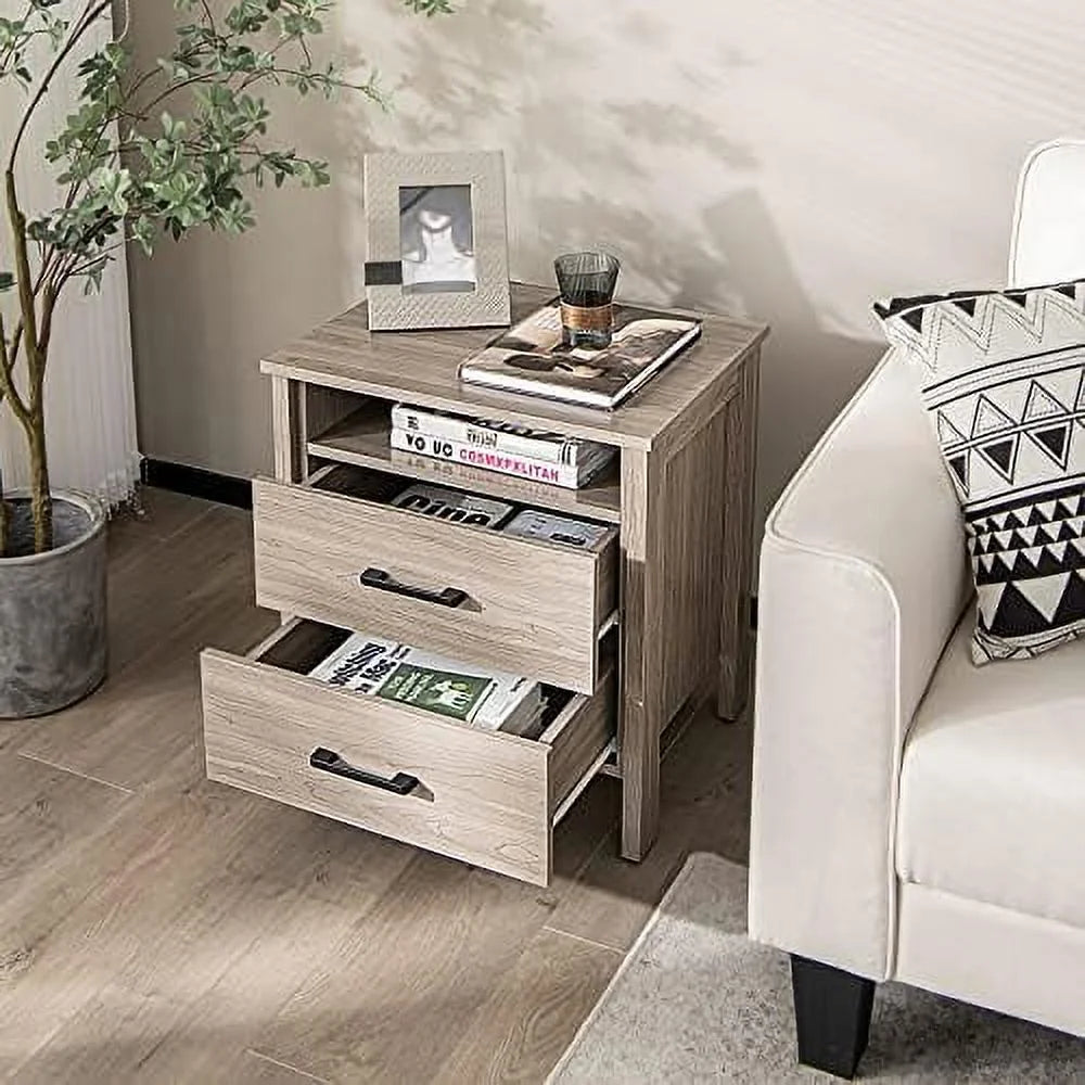RUNFAYBIU Nightstand with 2 Drawers Wooden End Table Oak S202392
