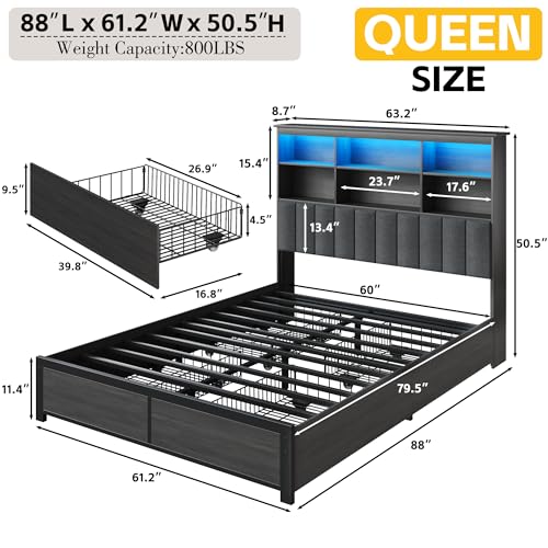 Lifezone Queen Bed Frame with Bookcase Headboard, Storage Drawers & Charging Station, Rustic Grey V4785
