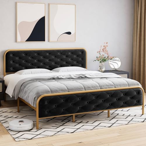 GAOMON Queen Size Bed Frame with Button Tufted Curved Headboard, Velvet Upholstered Platform Bed, Gold-Black Z671