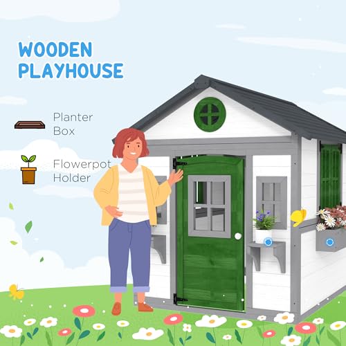 Outsunny Wooden Kids Playhouse with Doors and Windows for Toddlers 3-8 Years, Beige Q471
