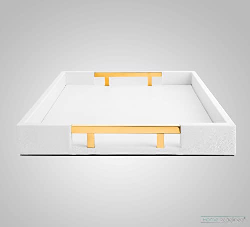 White Marble Faux Leather Decorative Tray with Handles D972626
