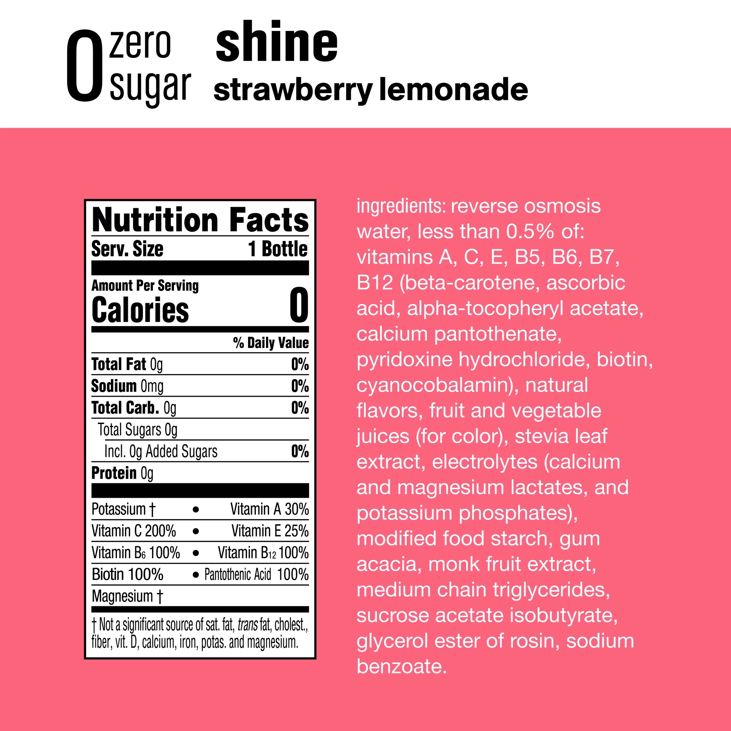 Vitaminwater Zero Sugar Shine Electrolyte Enhanced Water, Strawberry Lemonade, 20 fl oz, 12 Pack V746