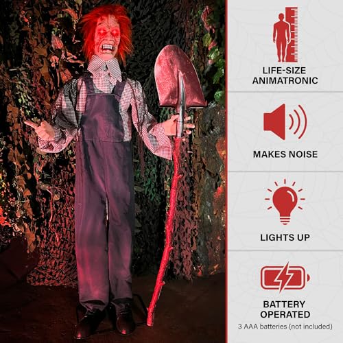 Haunted Hill Farm 5.25-ft Standing Gravekeeper Animatronic with Red LED Eyes and Sound Effects X9371