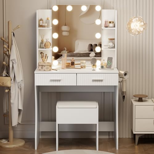 White Vanity Desk with LED Mirror and Storage Stool D5834