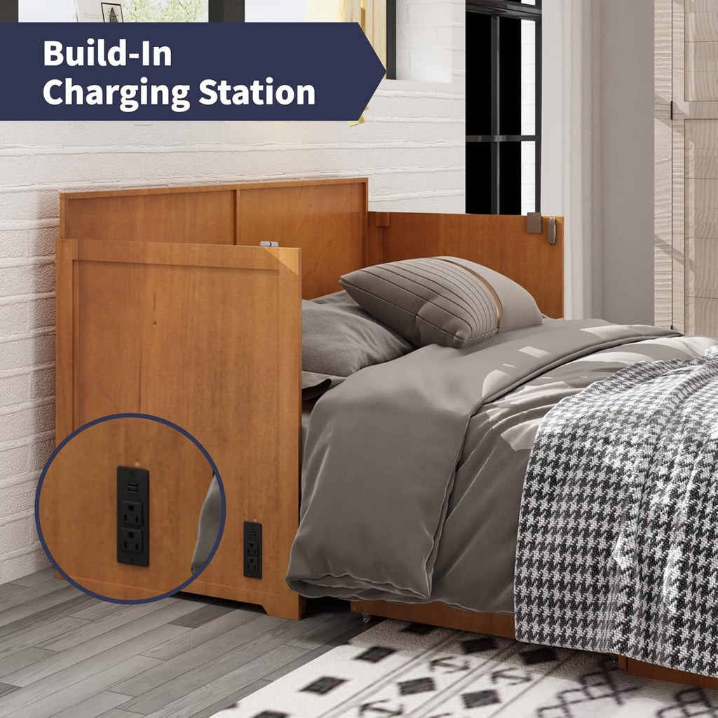 Murphy Cabinet Bed with Built-in USB Power Strip and 2 Drawers, Cherry H63614