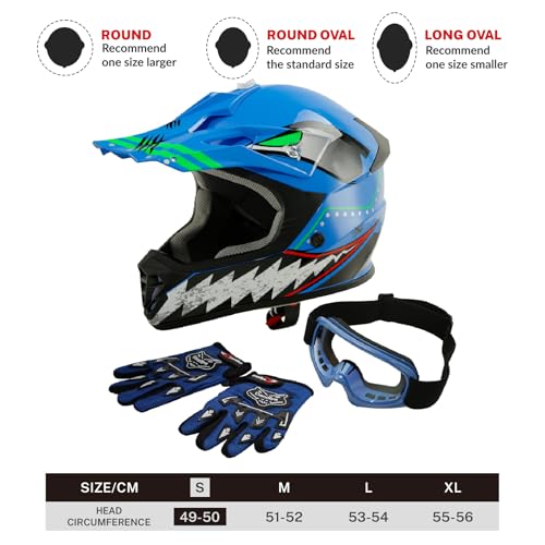 SLMOTO Dot Youth Kids Motocross Offroad Helmet with Goggles and Gloves Blue Skull D851858