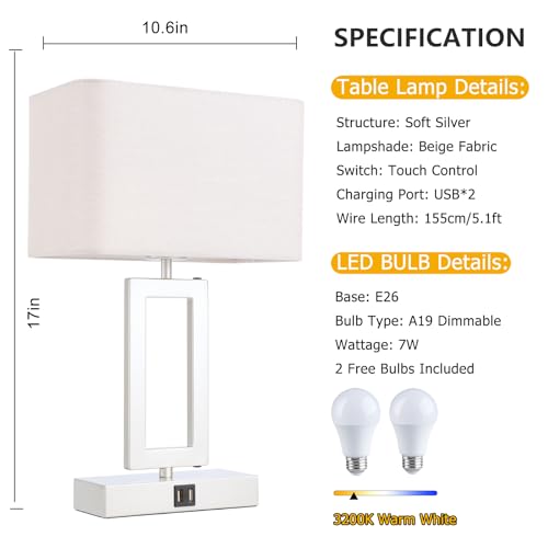 22" Touch Control Table Lamps with USB Ports, Dimmable, Gold & White V1178