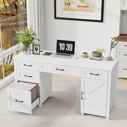 Farmhouse 61" Executive Desk with 5 Drawers and Charging Station, Pure Black W116439