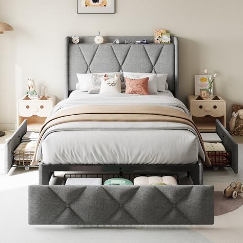 Queen Bed Frame with 4 Storage Drawers and Charging Station, Black S804993