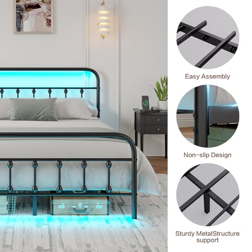 Full Bed Frame with Charging Station, Metal Platform, Black Y12142