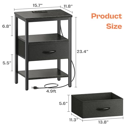 SUPERJARE Nightstand with Charging Station, Fabric Drawer, 3-Tier Storage, Walnut K366263