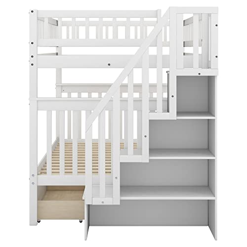 Harper & Bright Designs Twin Size Loft Bed with L-Shaped Desk and Stairs, Solid Wood, White D768
