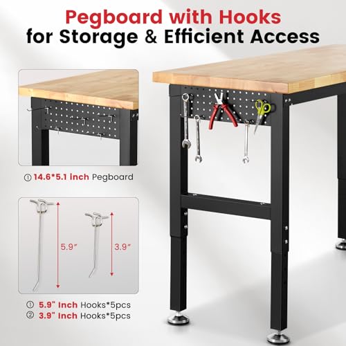 48 Inch Adjustable Height Workbench with Rubberwood Tabletop and Power Outlets X1723