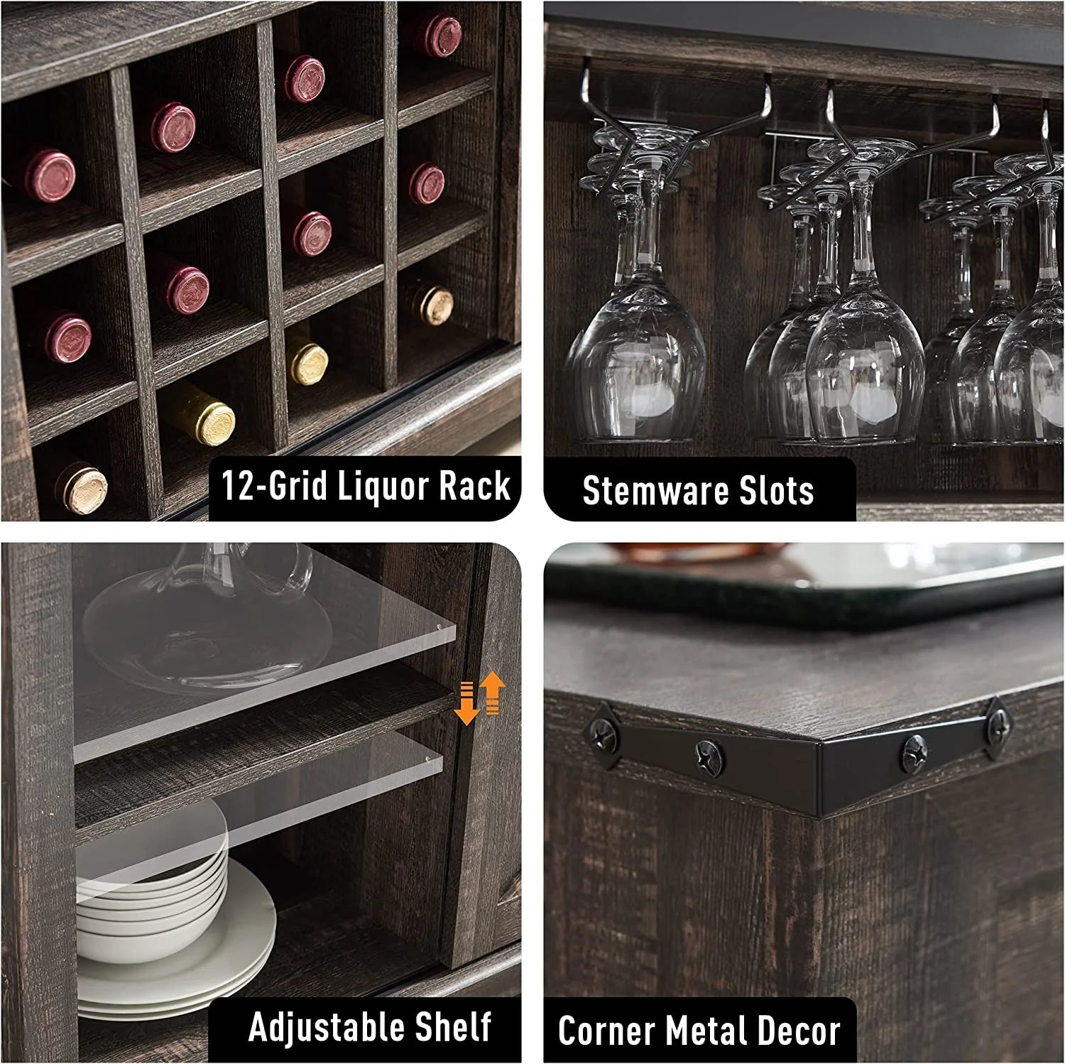 OKD Farmhouse Coffee Bar Cabinet Sideboard with Wine Rack, Dark Rustic Oak F1730
