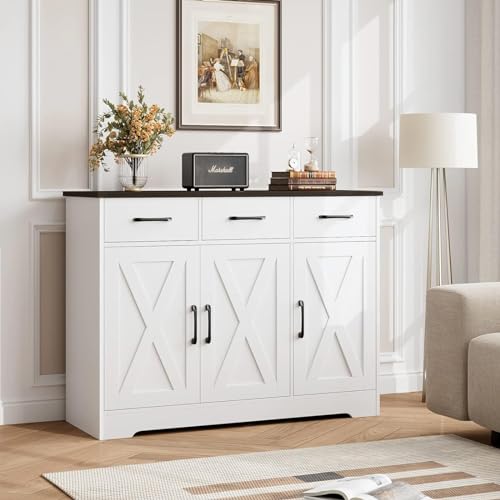 HOSTACK Modern Farmhouse Sideboard Buffet Cabinet with Barn Doors, White U8843
