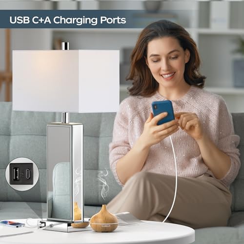 Modern Table Lamp Set of 2, Touch Control, Silver Crystal Bedside Lamp with USB Ports I576