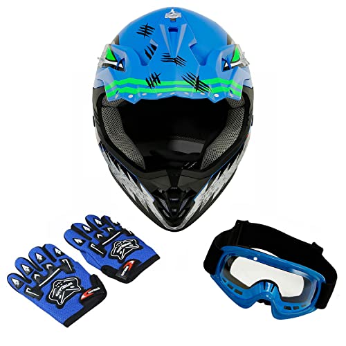 SLMOTO Dot Youth Kids Motocross Offroad Helmet with Goggles and Gloves Blue Skull D851858