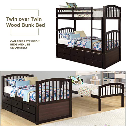 Harper & Bright Designs Twin Over Twin Bunk Bed with Storage Drawers, Solid Wood, Espresso P440327