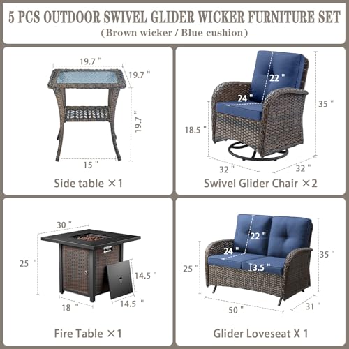 Outdoor Wicker Swivel Rocker Chairs Set of 2 with Rattan Side Table, Brown/Blue B592
