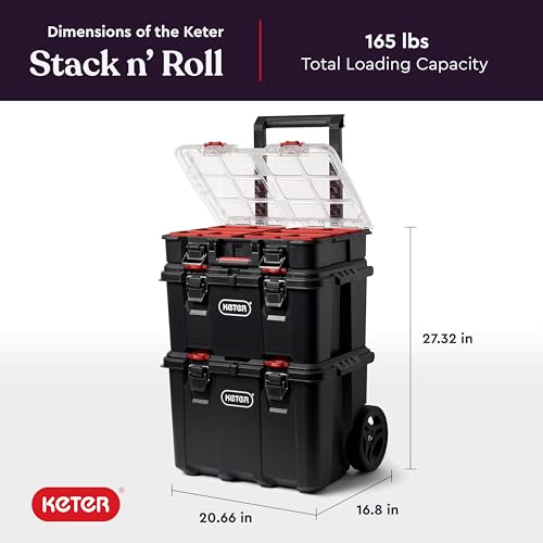 Keter Stack-n-Roll Modular Tools Organizer, 3 Piece Resin Rolling Tool Box, Black S451