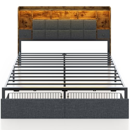 LED Bed Frame Full Size with Bookshelf Headboard and Charging Station R978868